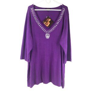 IMAN Rhinestone V-Neck 3/4 Sleeve Knit Sweater, Size 3X - NWT